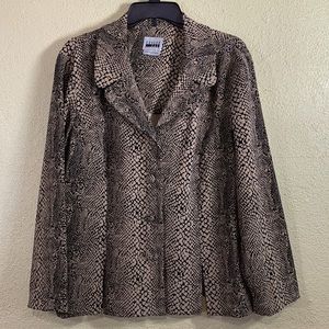 Leslie Fay Jacket Blazer Animal Print Black Tan 18 Front Buttons Long Sleeve